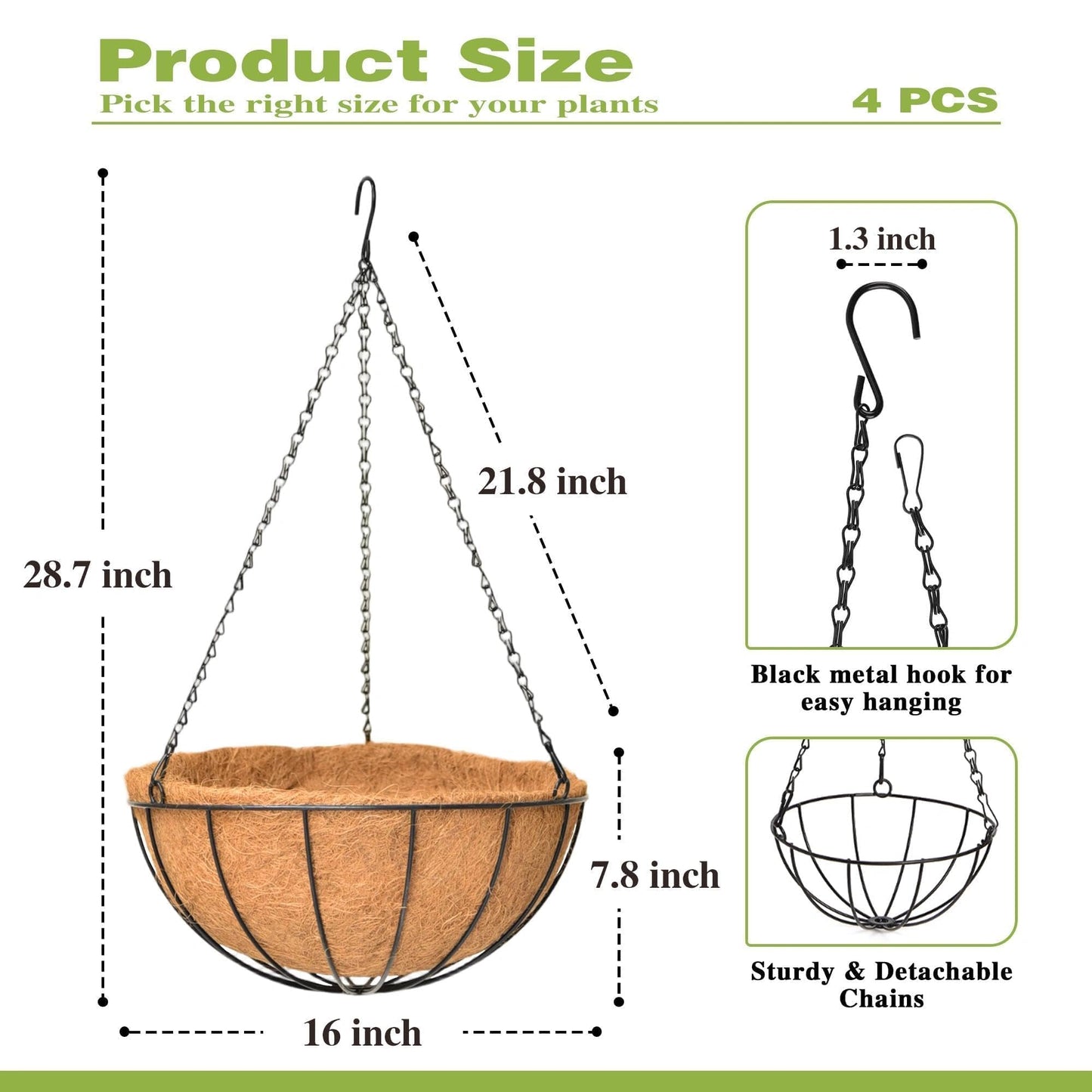Qusuxi 4 Pack 16 Inch Hanging Planters Outdoor Metal Hanging Flower Baskets with Coco Fiber Liners Chain Round Wire Plant Holder Hanging Flower Pots (Watermelon)