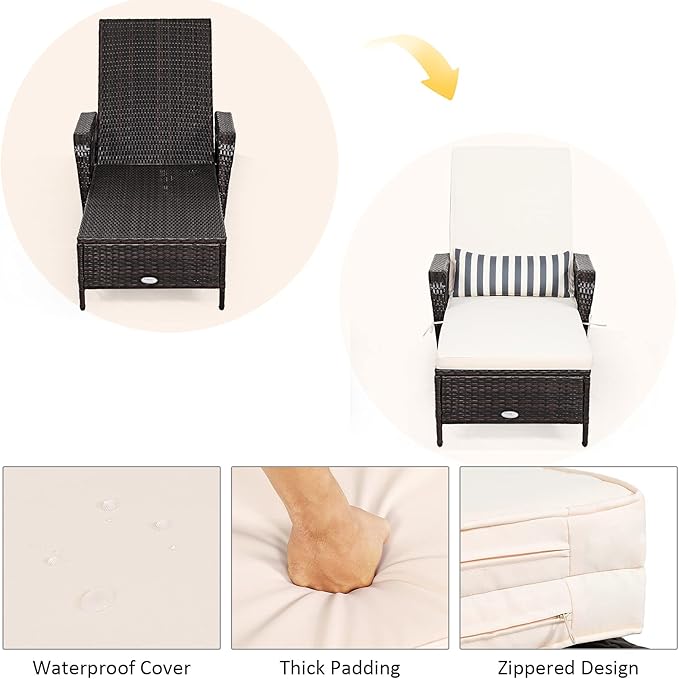 COSTWAY PE Rattan Chaise Lounge Chair, 6 Gear Adjustable Recliner