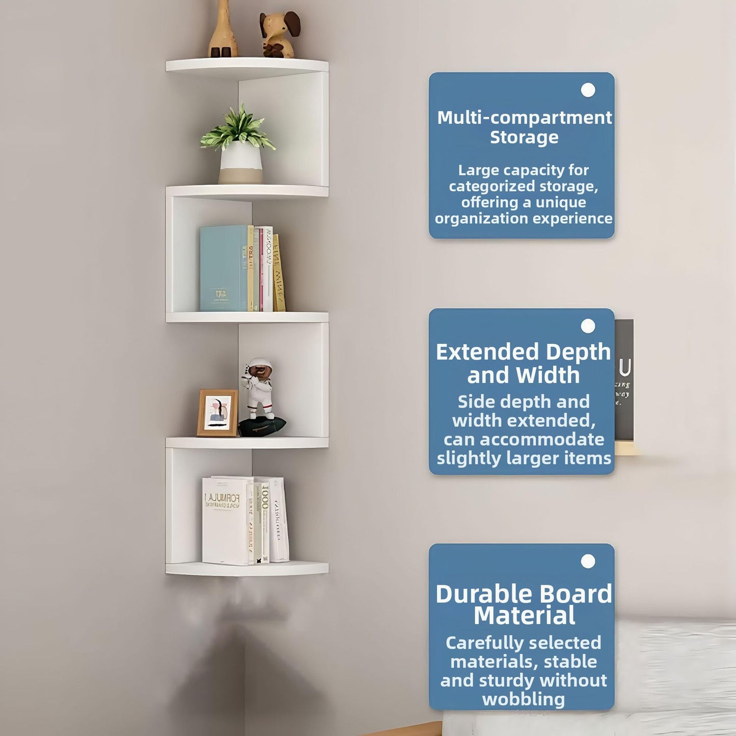 FRAWENLECO No-Drill Modern Corner Shelf Wall Mount, 5-Tier Floating Storage Rack, Corner Bookshelf with Hooks, Space-Saving Zigzag Plant Shelf for Bedroom, Living Room, Bathroom, Home Office(White)