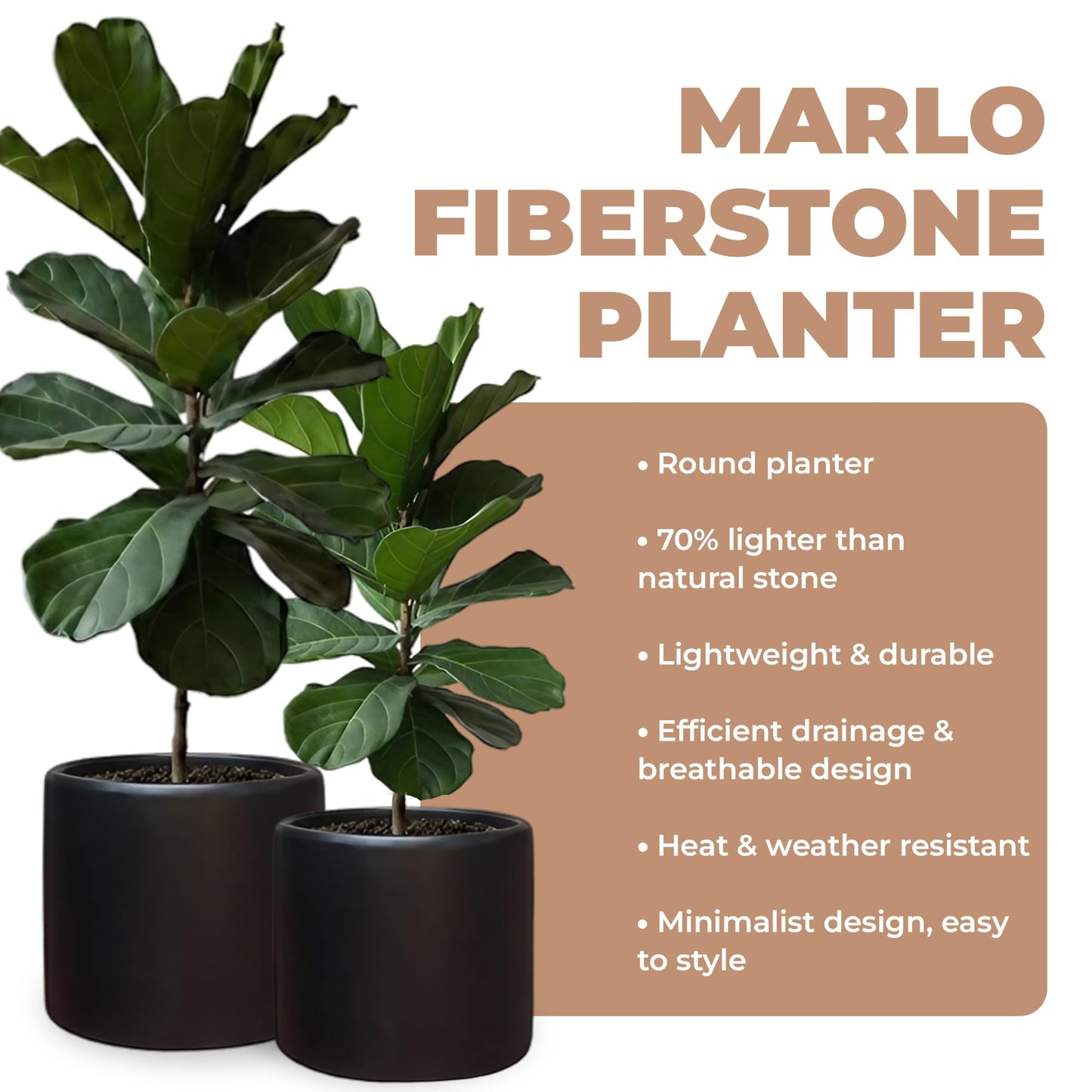 DEPLA LANE Lumero Fiberstone Cylinder Planter (12.0" Pot Opening x 13.8" D x 13.8" H) Smooth Finishes, Lightweight, Durable, UV Resistant, Modern Minimalist Decor, Indoor Outdoor Plant Pot (L, Black)