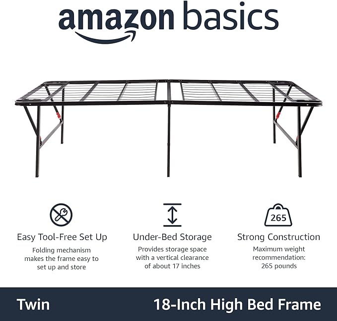 Amazon Basics Foldable Metal Platform Bed Frame, Noise-Free Mattress Foundation