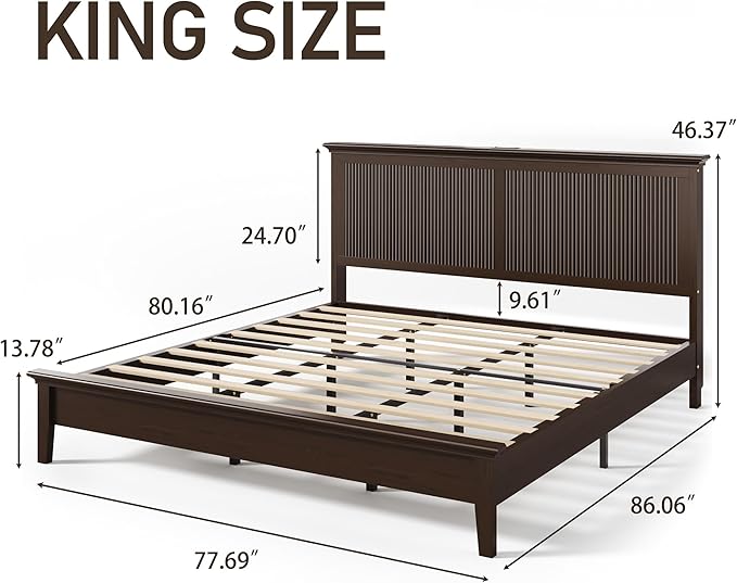 Lifezone King Bed Frame with Headboard, Solid Wood Bed Frame King Size with