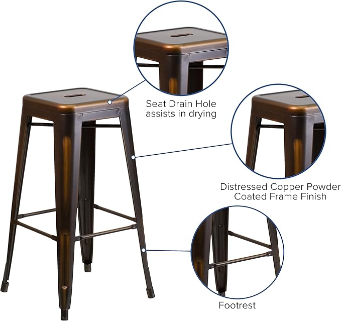 Flash Furniture Kai Commercial Grade 30" High Backless Distressed Copper Metal