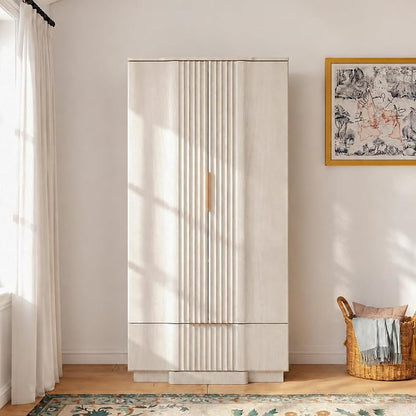 Yechen 67" Fluted Armoire Wardrobe Closet with Doors and Drawer, Wooden Wardrobe Cabinet with Adjustable Shelve, Modern Small Armoires for Hanging Clothes Coats for Bedroom, White Grey