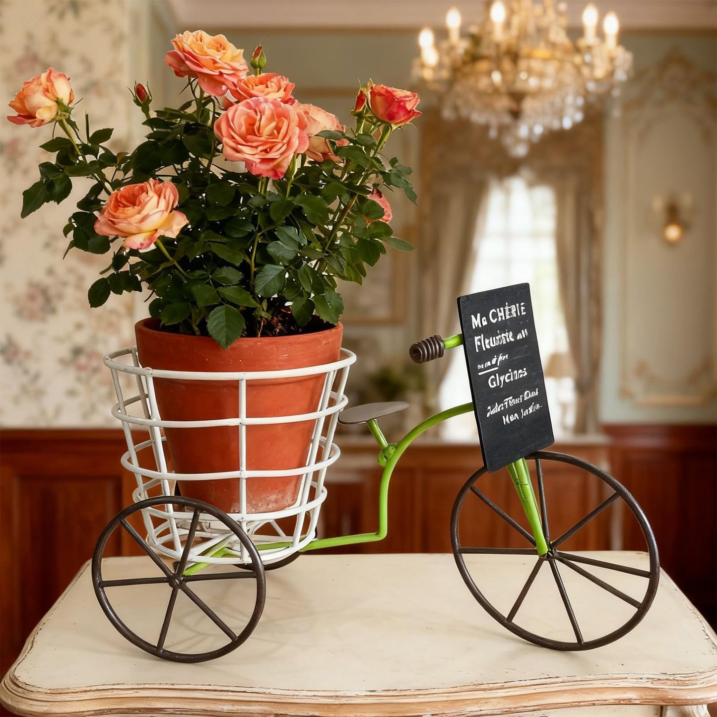 EINCORN Beautiful Iron Tricycle Flower Pots Holder Container with Deeping Basket for Living Room Indoor Outdoor Garden Decoration Beautiful Iron Tricycle Flower Pots Holder Container