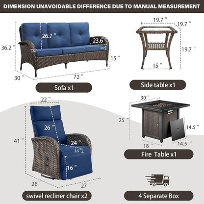 Belord 5 Piece Wicker Patio Furniture Set with 30" Propane Fire Pit Table, Outdoor Swivel Recliner Chairs with Adjustable Backrest & Footrest for Patio Conversation and Backyard Gathering