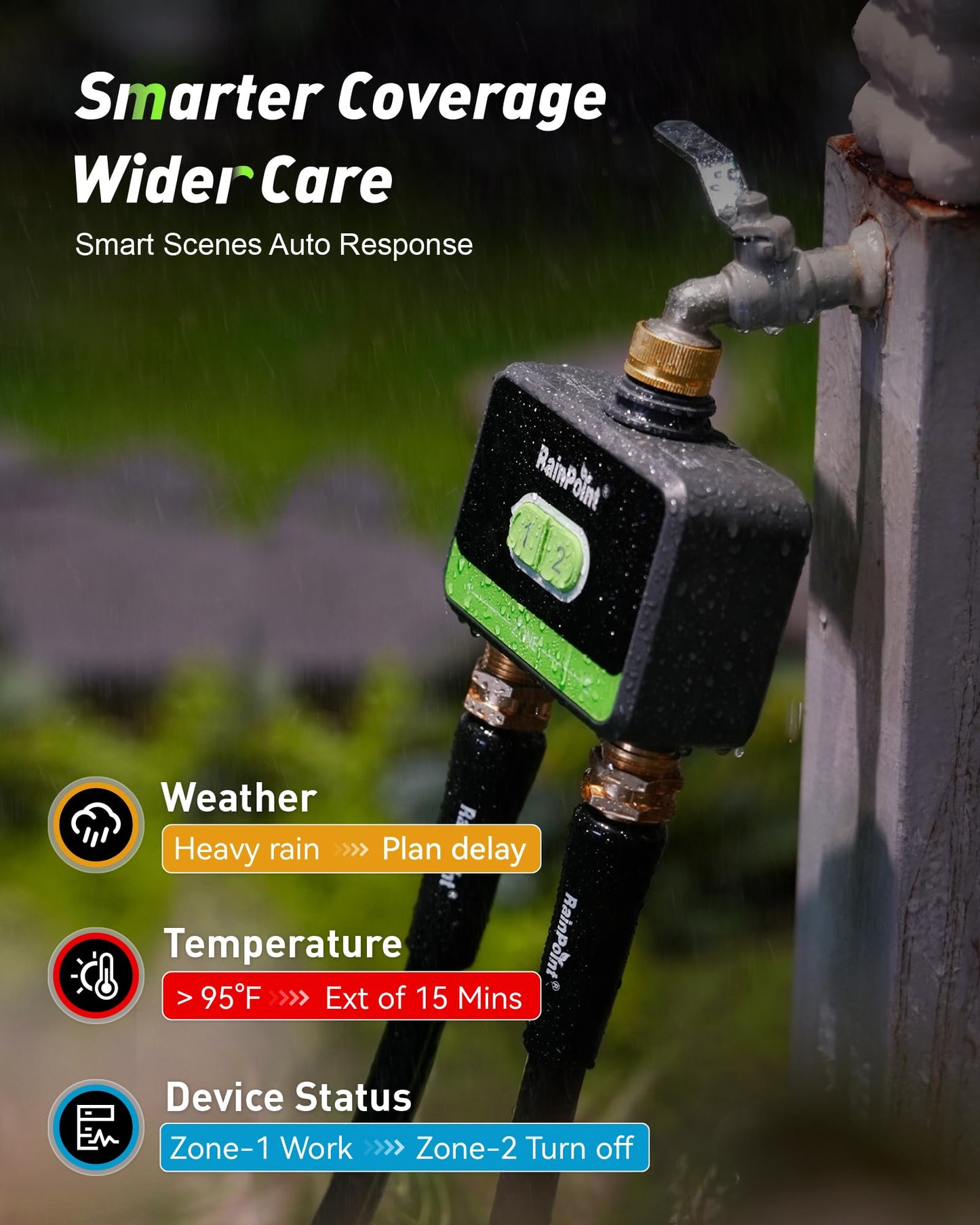 RainPoint WiFi Water Timer for Garden Hose with Brass Inlet & Outlet, 2-Zone Smart Hose Timer, WiFi Irrigation Controller via APP/Voice Control, Automatic Sprinkler Watering System for Lawns and Yard
