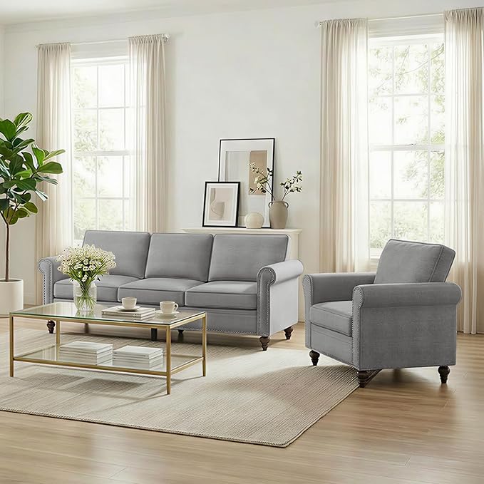 2 Piece Living Room Sofa Sets, Modern 3 Seater Couch and Armchair Sets