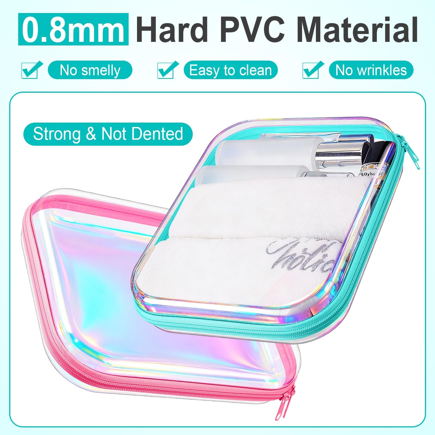 Hoolerry 3 Pcs Clear Hard Zipper Case Hard Plastic Zipper Pouch Makeup Bag Portable Travel Organizer for Cosmetics, Office Supplies, Documents & Toiletries(Laser,M)