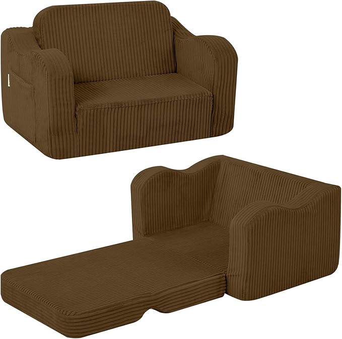 MeMoreCool Toddler Couch, 2-in-1 Corduroy Kids Couch Fold Out to Lounger
