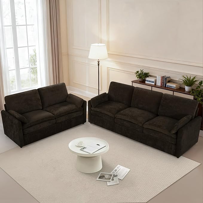 Comfy Chenille Sofa Set with Well-Filled Pillows, Modern 3 Seater and Loveseat