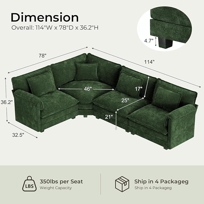 ELUCHANG 114" Oversized V-Shaped Cloud Couch Modular Sectional Sofa