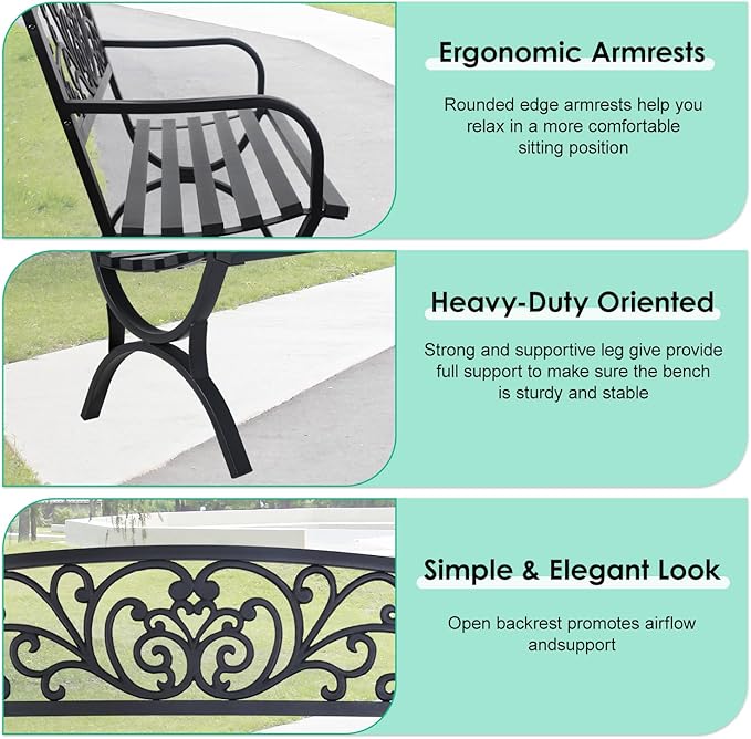 FDW Outdoor 50 Inches Garden Bench, Slatted Seat Armrests Floral Design Backres