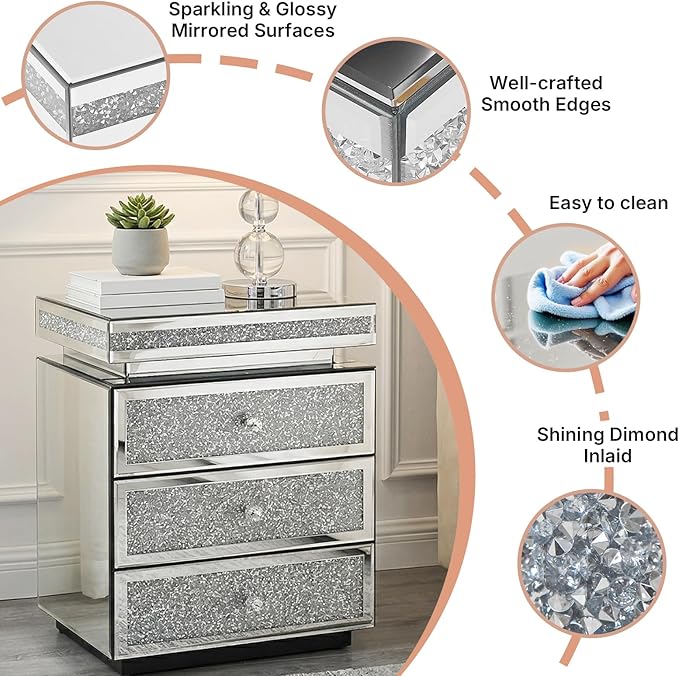 Modern Glam Glass Mirror Nightstand, 3-Drawer Luxury Mirrored Accent Table