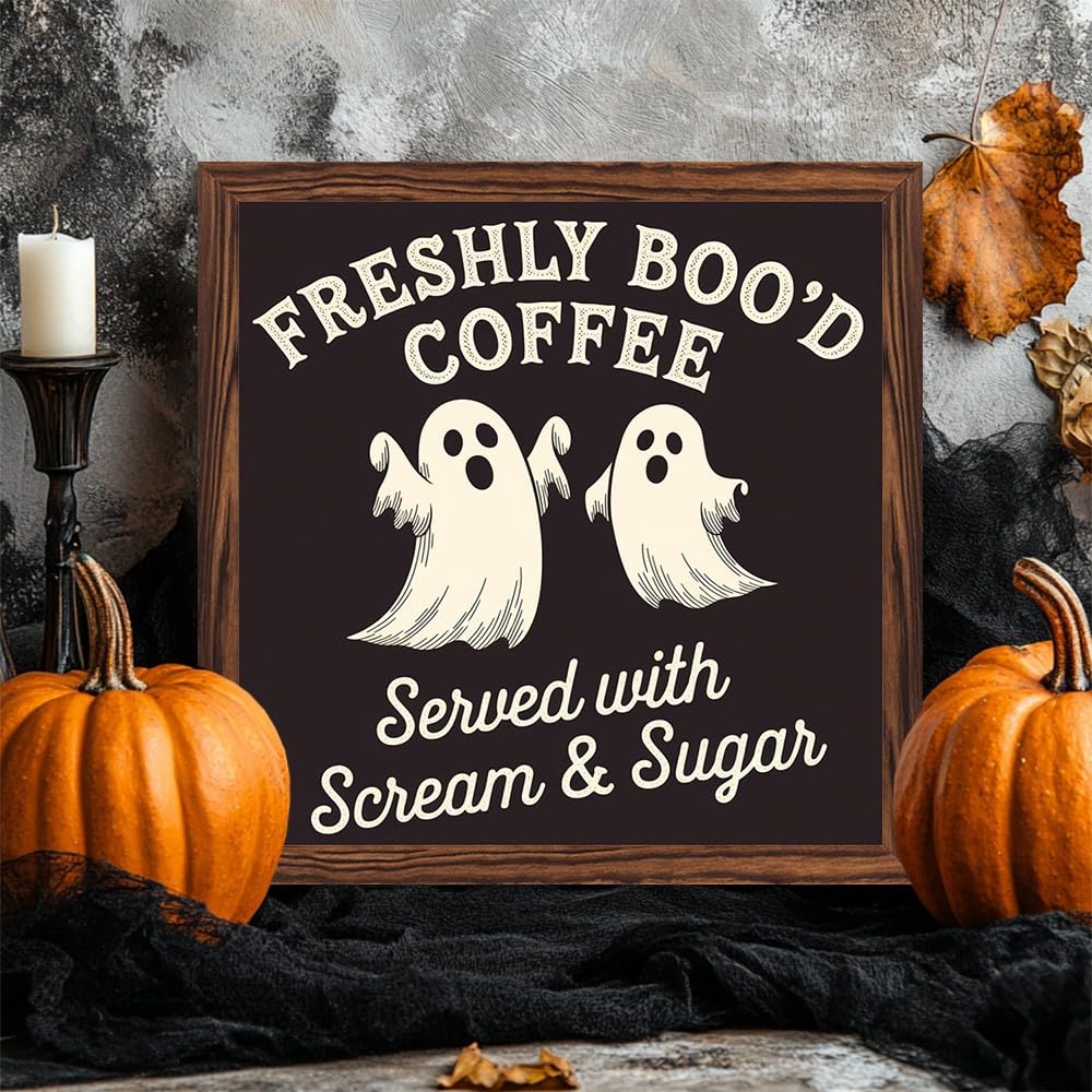 Spooky Halloween Theme Freshly Boo'd Coffee Wooden Sign, With Frame Coffee Bar Art Plaque Sign for Home Kitchen, Cafe, Bar, Garage Halloween Decor 7.87x7.87 Inch