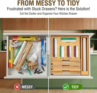 9 in 1 Storage Bag Organizer for Kitchen Drawer,Bamboo Foil and Plastic Wrap Dispenser with Cutter, Organizers Compatible Gallon, Quart, Sandwich Snack