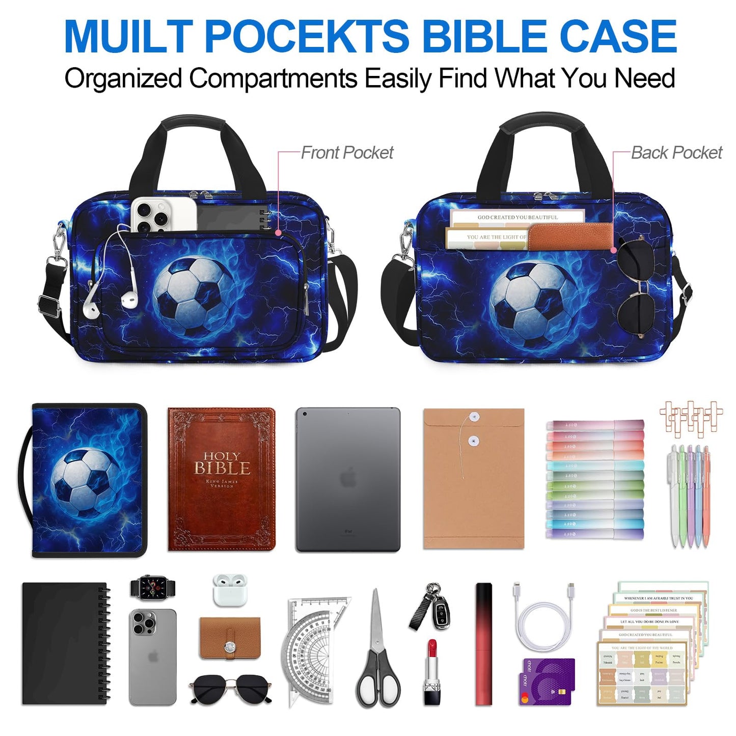 IBOVODI Soccer Large Bible Cover Case for Men Boys, Kids Bible Study Supplies Journaling Kit Book Carrying Case Bible Accessories with Pens Highlighters Cross Clips, Christian Gifts for Men