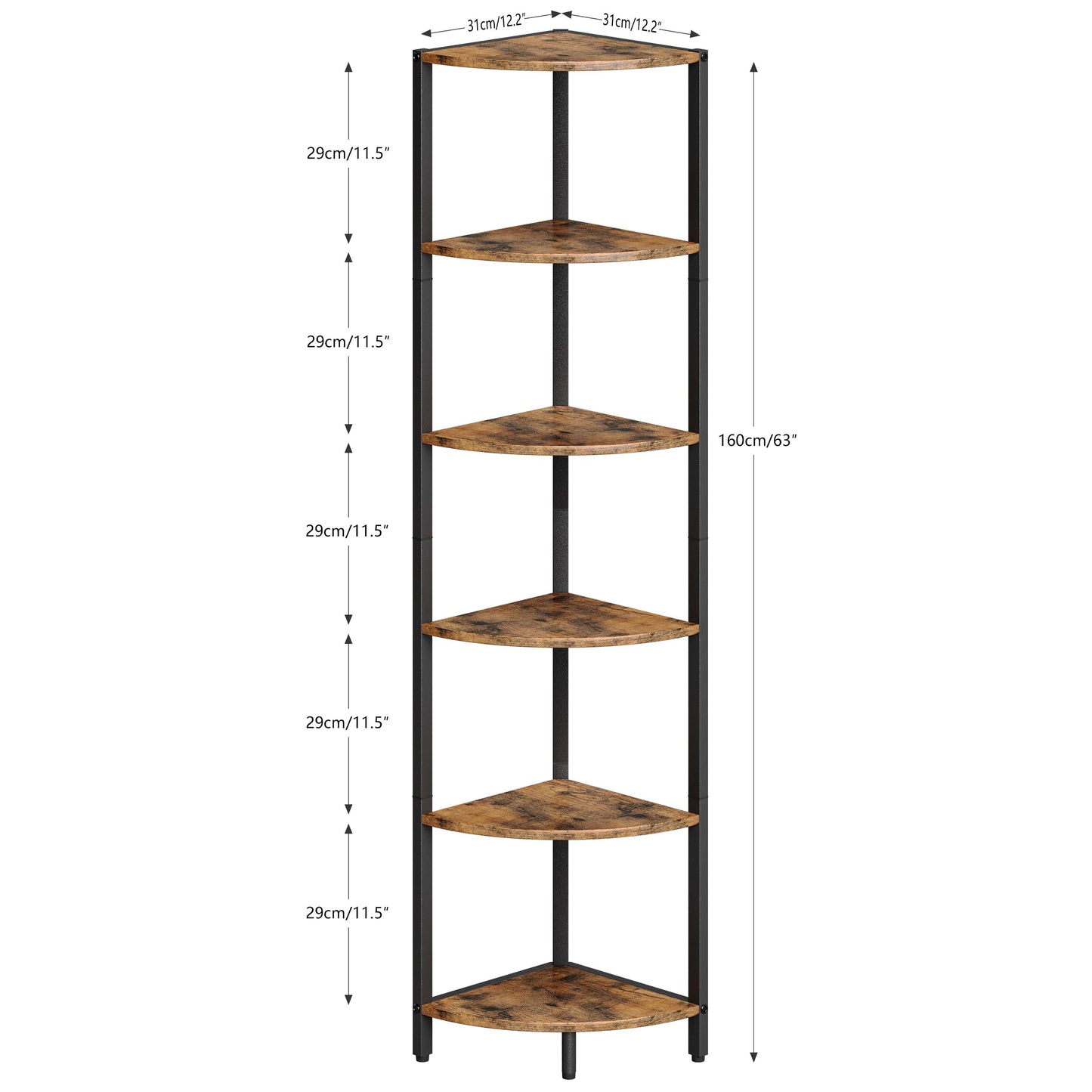 6 Tier Corner Shelf 63.1" Tall Corner Shelves stand Ladder shelf metal Standing Bookshelf Organizer Display Rack Bookcase Plant Stand Industrial style for Living Room Bedroom rustic Brown CS-001RB
