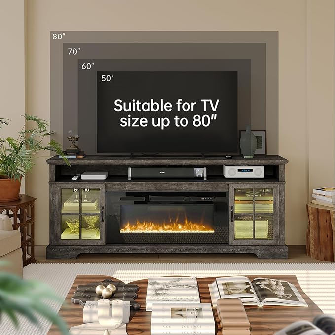 70" Fireplace TV Stand, Modern Entertainment Center