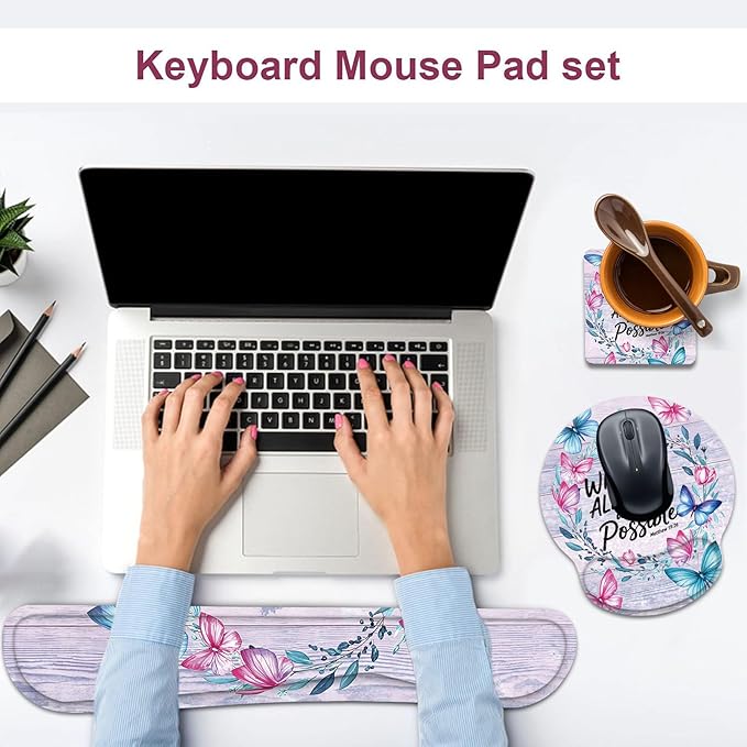 Keyboard Wrist Rest and Mouse Wrist Rest Pad with Cup Coaster,Made of Memory Foam,Ergonomic Support,Easy-Typing and Pain Relief,for Gaming Office Home Computer,with God All Things are Possible Floral