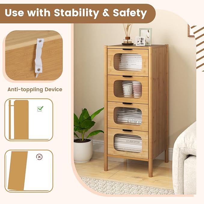 Giantex 4 Drawer Storage Cabinet, Bamboo Storage Organizer