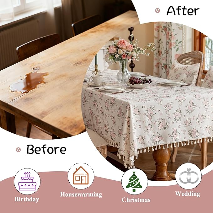 VClife Shabby Chic Pink White Floral Tablecloth