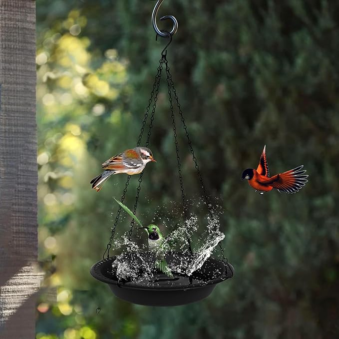 OVZILKI Bird Baths for Outdoors Heavy Duty, 16 inch BirdBath Bowl Only with Rust-Proof Black Chains, Hanging Bird Bath Hanging Bird-Feeder for Garden Backyard Decor (Black 1 Pack)