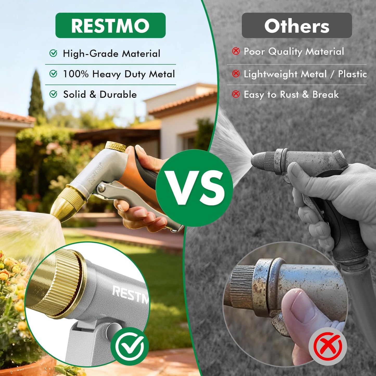 RESTMO Heavy Duty Metal Water Hose Nozzle, High Pressure Garden Hose Nozzle, Hose Sprayer Nozzle with Adjustable Spray Patterns for Garden Watering, Car Washing, Patio and Pet, Orange