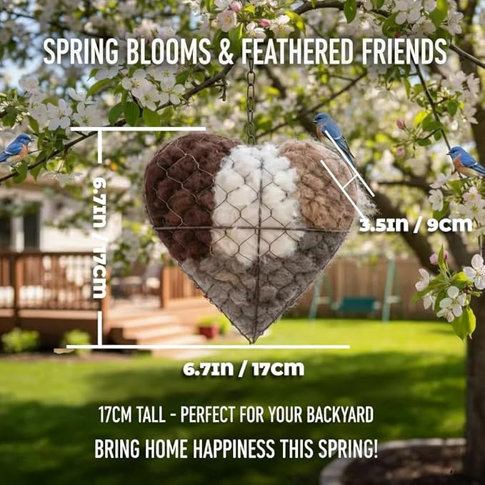 Handmade Fiber Bird Nesting Heart, Refillable Birds Haven 1 Heart Shape Hummingbird Nesting and 2 Bags of Nest Materials, Winter Fowl Gifts Animal Hummingbirds Lovers Home Garden Yard(2Set)
