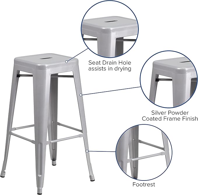 Flash Furniture Lily 4 Pack Commercial Grade 30" High Backless Silver Metal