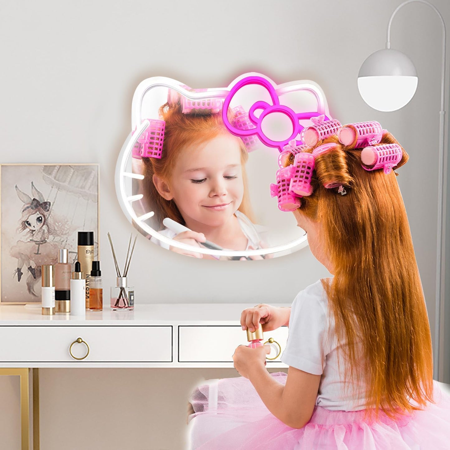 MCJSGSP Anime Hello Kit Mirror with Light Neon Signs for Wall Decor, Teen Girl Gift，Makeup Mirror neon Sign Room Decor (9.4 * 11.9 inch)