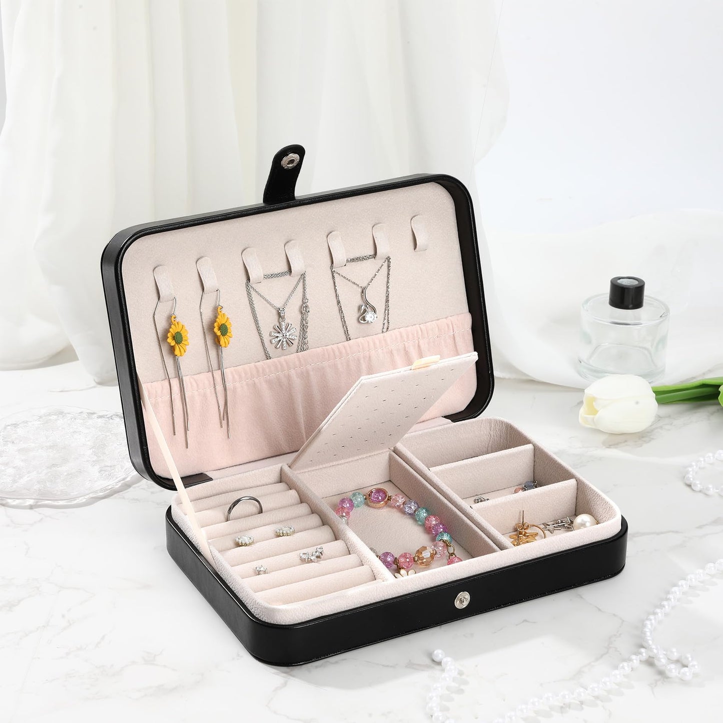 Buxainnsg Halloween Basket Stuffers Bat Black Leather Jewelry Travel Case Personalized Jewelry Box for Women Men Girls Boys Portable Jewellery Storage Travel Earring Organizer Ring Case Box Bracelet