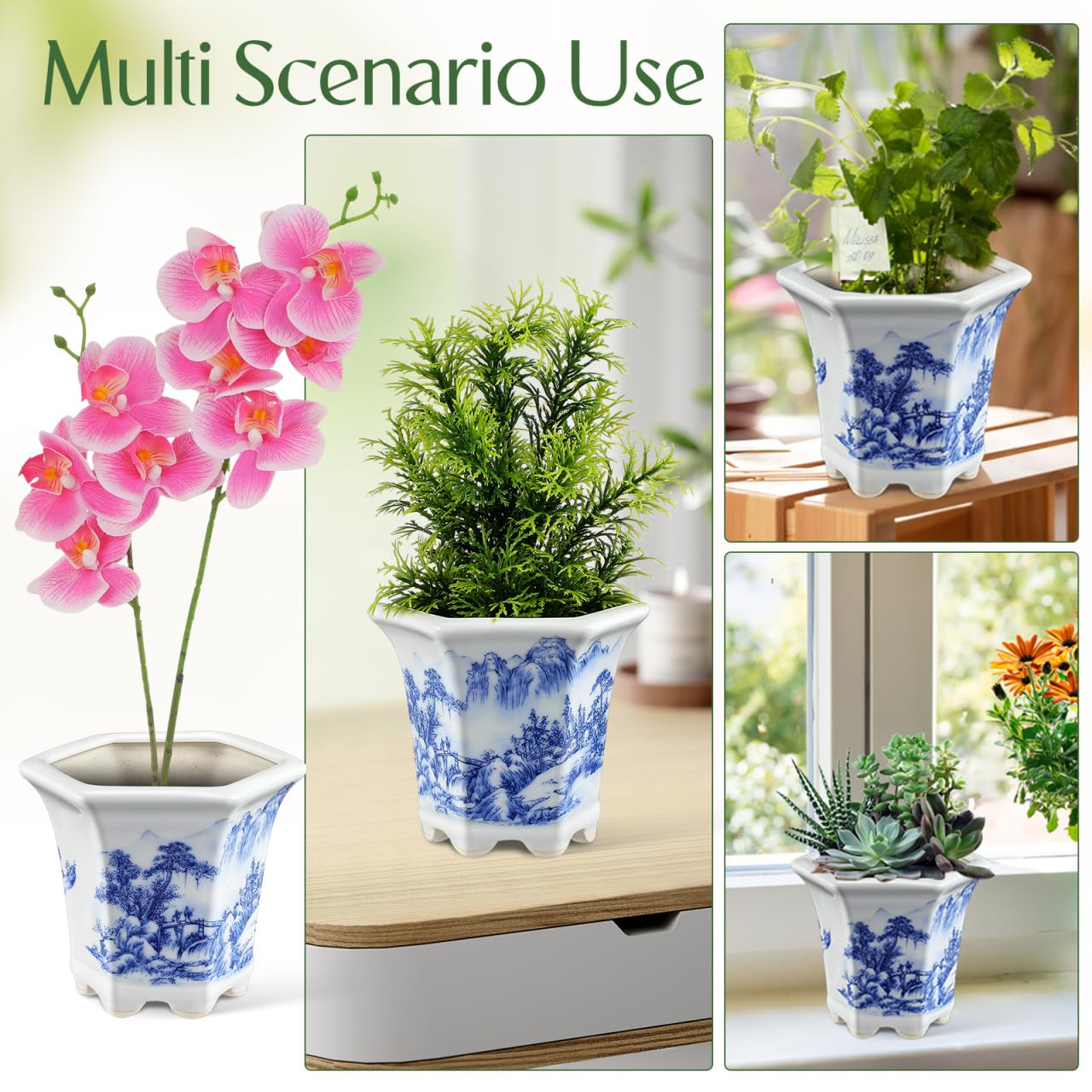 Mipcase Blue & White Porcelain Flower Pot: Small Plant Pots with Drainage Holes for Succulent Cactus - Ceramic Planter for Home Office Balcony