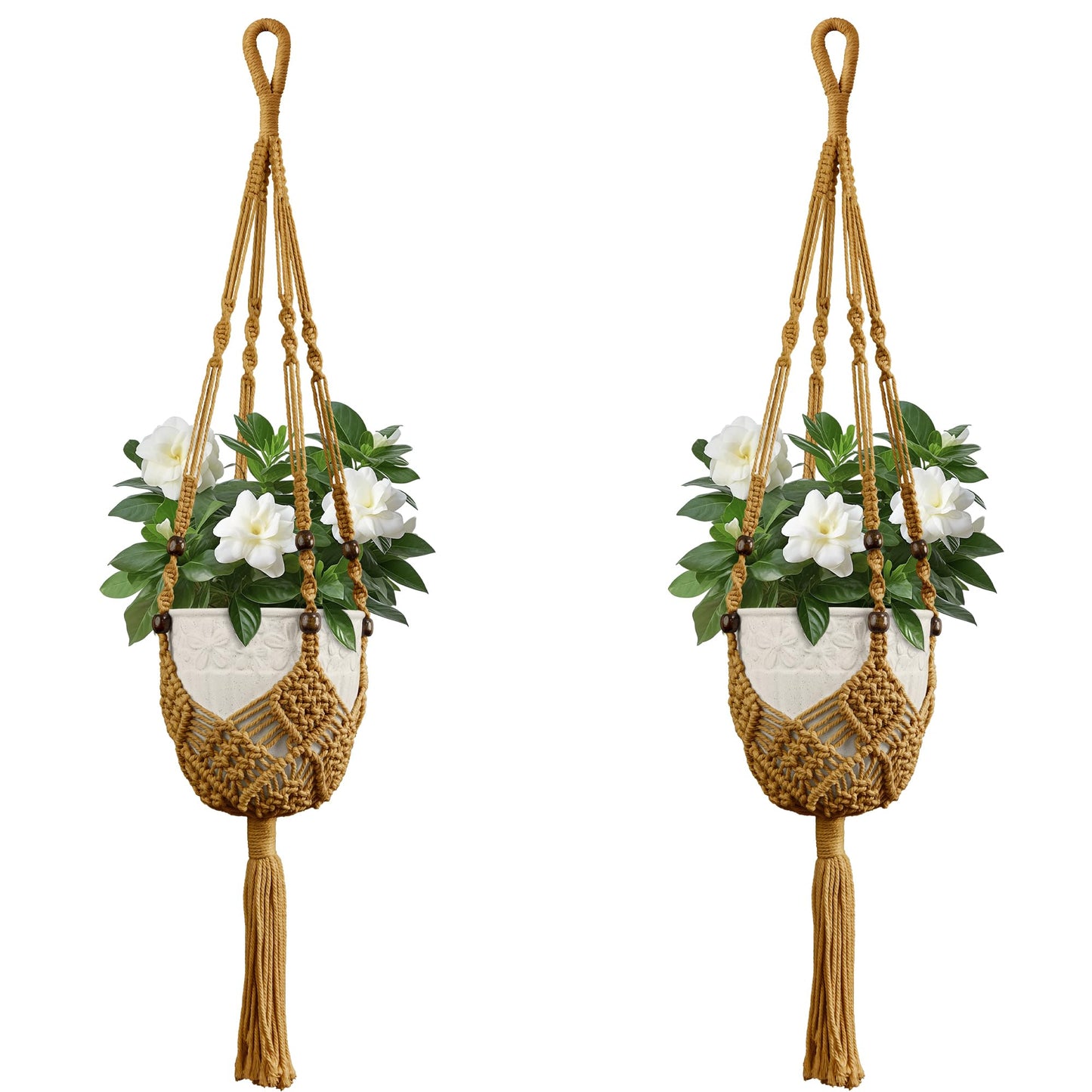 USLAI Macrame Plant Hanger Indoor Outdoor, Fits 3 to 6.5 inch Pots, Hanging Planter Holder with Beads and Tassels, Boho Home Decor, 35+35 Inch, Brown (POTS NOT Included)