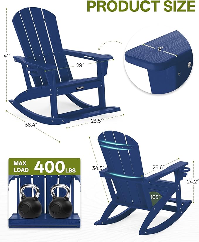 Outdoor Oversized Adirondack Rocking Chairs, All Weather HDPE Patio Rocking