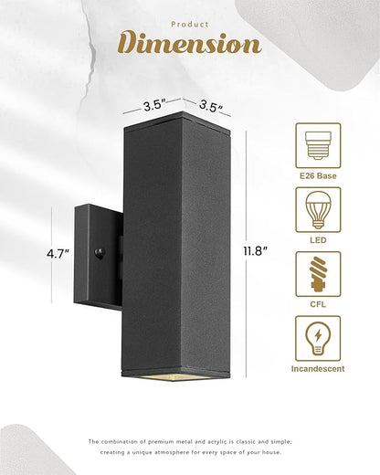 Ken & Ricky 2 Pack Dusk to Dawn Outdoor Lighting, Modern Exterior Lighting Fixtures, Aluminum Front Porch Light, Black Outdoor Wall Sconce with Glass Cover, KR3324-W-2PK-B