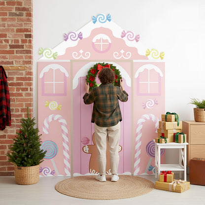 Hahafelt 4 Pcs Pastel Candy Christmas Gingerbread Door Covers Decoration Xmas Pink Gingerbread House Candy Door Backdrop Christmas Photo Booth Props Porch Sign for Holiday Classroom Home Party Decor