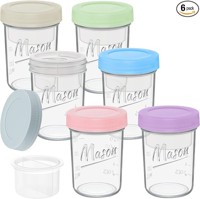 Xyptorix 16 oz Overnight Oats Containers with Lids, 6-Pack Leak-Proof Wide Mouth Mason Jars & Separate Compartments for Fruits/Nuts, Airtight Glass Jars for Chia Pudding, Yogurt, Parfait and Salad