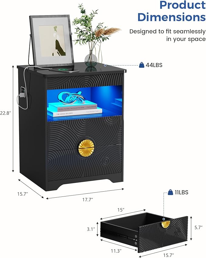 Nightstands Set of 2 with Gun Drawer, Bedside Table with 3-Color LED Lights &