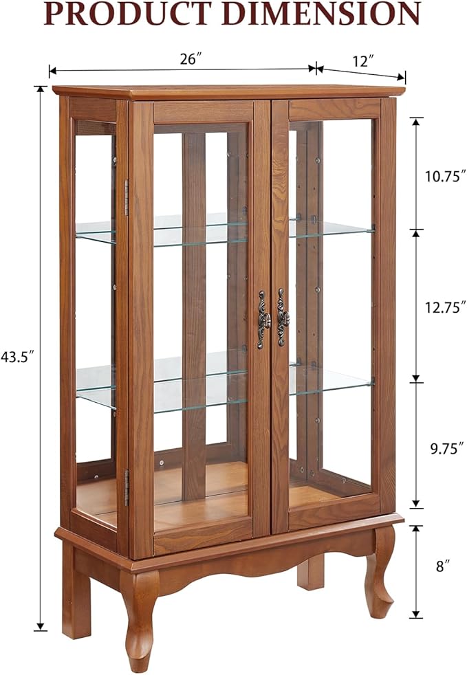 Curio Cabinet With Lighted Tall Leg Glass Door, Antique Display With Mirrored