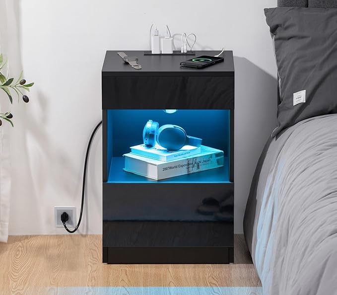 HOMMPA Set of 2 Open Shelf LED Nightstands