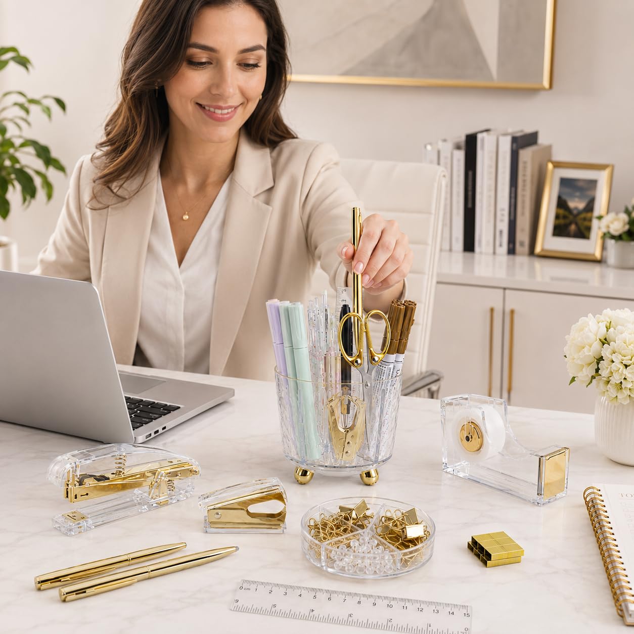 Office Desk Accessories Supplies - 11 Pcs Gold Desk Decor Set with 360-Degree Rotating Pen Holder, Women Cute Aesthetic Office Essentials Kit, Stapler Tape Dispenser, Acrylic Gift for School Home Work