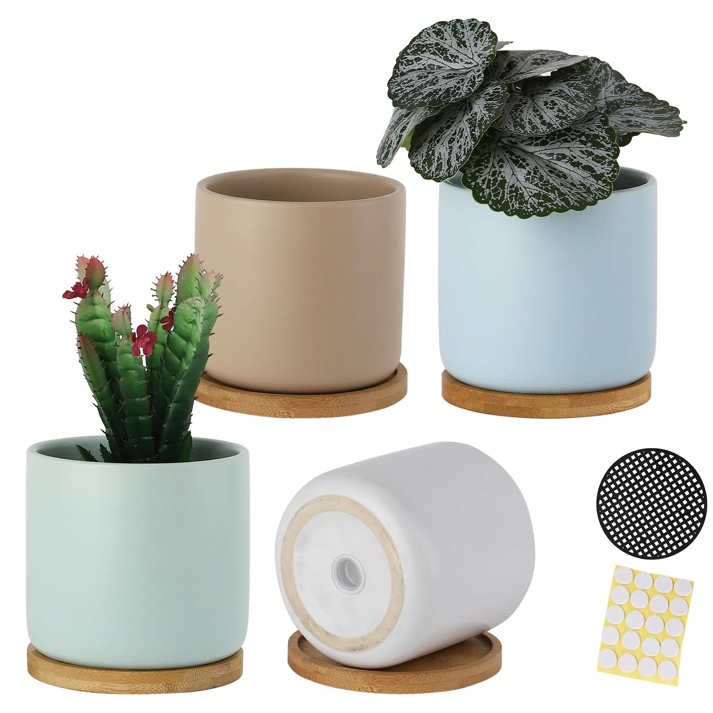 BABALIU 4 Inch Planters with Drainage Hole and Saucer, Small Ceramic Cylinder Plant Pot with Trays for Succulent, Aloe, Cactus & Herbs, Morandi Colors, Set of 4