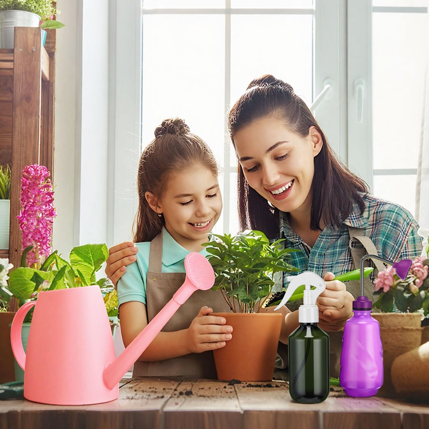 Reallnaive 1/2 Gallon Long Spout Watering Can Set for Indoor & Outdoor Plants – Includes Spray Bottle, Squeeze Bottle, Watering Globes & Soil Moisture Meter for Garden & House Plants(Pink)