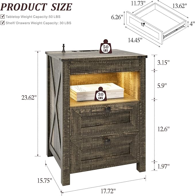 HWB LED Nightstand with Gun Drawer: Bedside Table with Charging Station