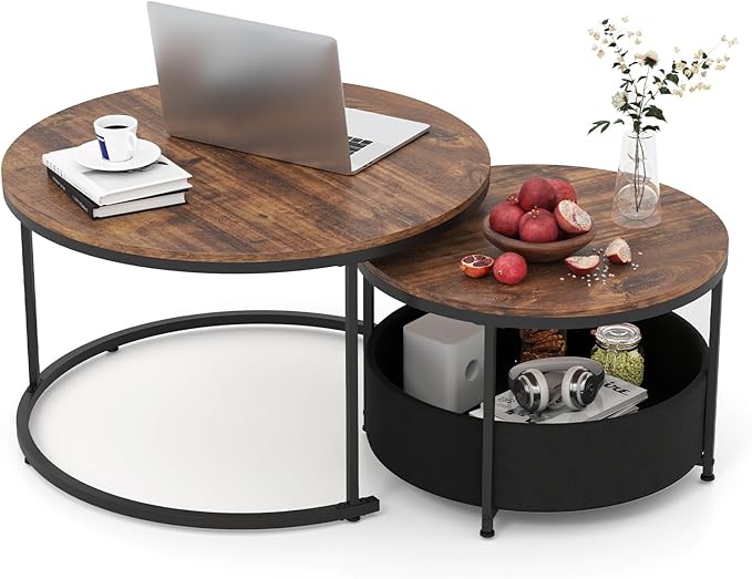Tangkula Round Nesting Coffee Table Set of 2, Wooden Center End Table