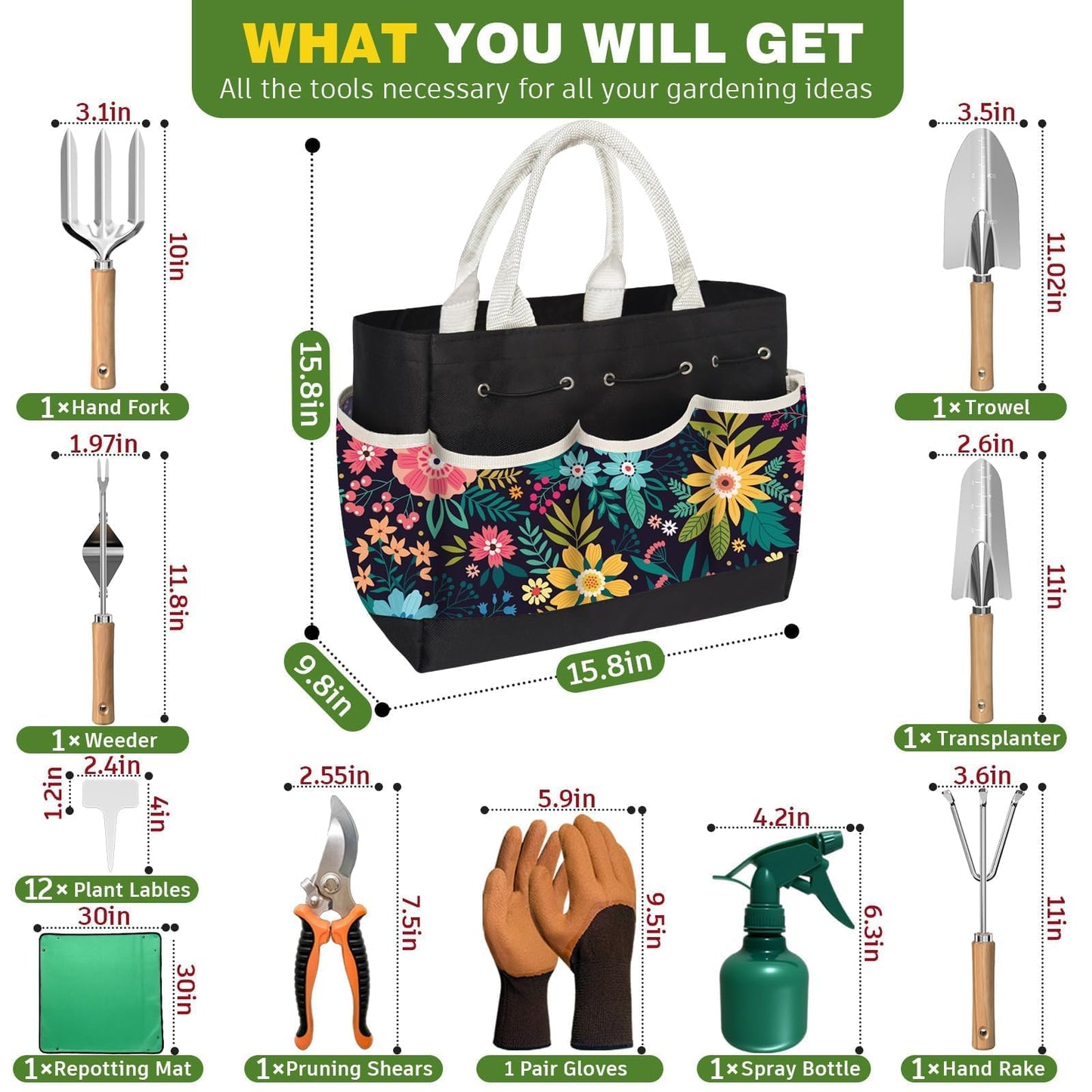 22Pcs Gardening Tools Set for Women Heavy Duty Garden Hand Tool Kit Birthday Gifts for Mom Her Wife Grandma Beginner Gardening Accessories with Tote Bag/Shovel/Repotting Mat/Plant Labels/Gloves-Black