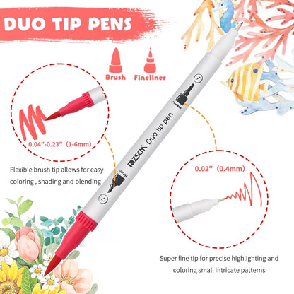 ZSCM Art Duo Tip Brush Markers Set, 60 Colors Fine Brush Tip Artist Drawing Pens Set with Coloring Book, for Adult Sketching Journal Planner School Supplies Gifts