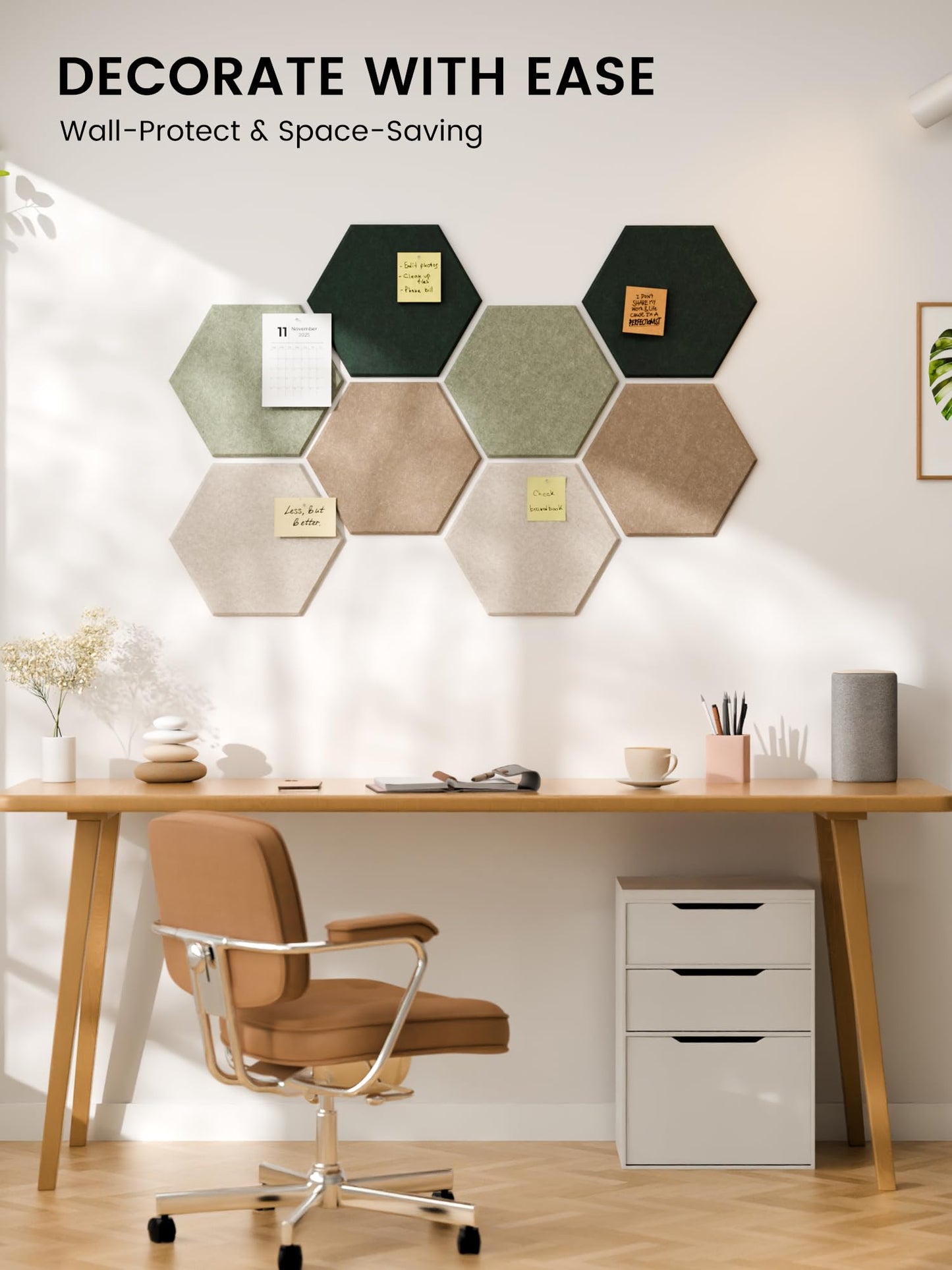 Fluxynara Hexagon Cork Board Alternative for Walls Decor-8-Pack Felt Bulletin Board Tiles,with 30 Pushpins,50 Adhesive Tabs for Office,Classrooms & Home Pin Board Felt Board-Nordic Moss
