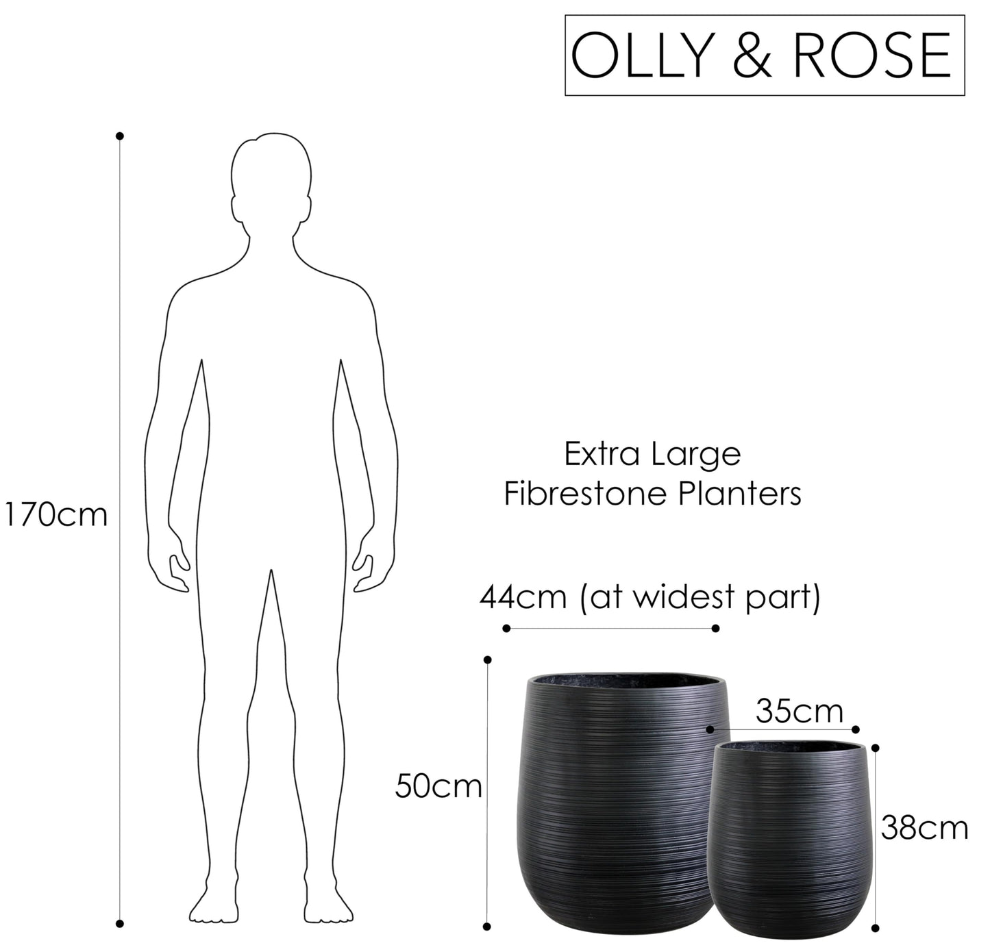 Olly & Rose Extra Large Plant Pot Patterned - Black Garden Planter - XL Flower Pot - H 50cm D45cm + H40cm D38cm